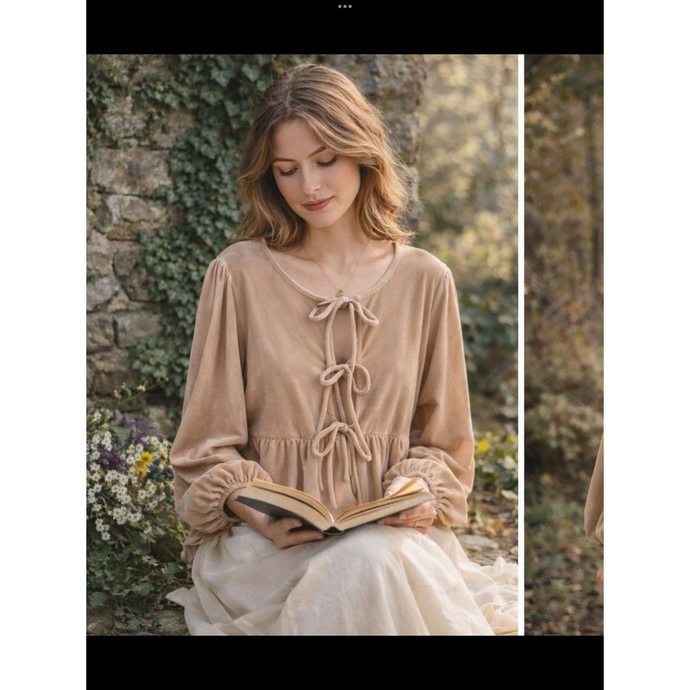 So Me Velvet Tie Front Peplum Blouse Champagne Beige Bishop Sleeve Babydoll Lg
